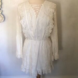 Limonada Pink white Boho dress w/eyelet design on ruffle cuffs & hem Size Medium